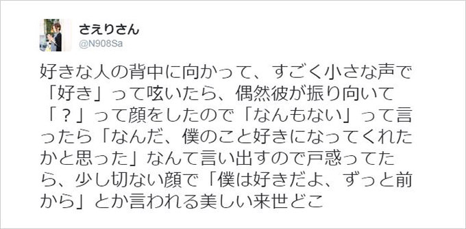 好きな人の背中に向かって、すごく小さな声で「好き」って呟いたら、偶然彼が振り向いて「?」って顔をしたので「なんでもない」って言ったら「なんだ、僕のことを好きになってくれたかと思った」なんて言い出すので戸惑ってたら、少し切ない顔で「僕は好きだよ、ずっと前から」とか言われる美しい来世どこ