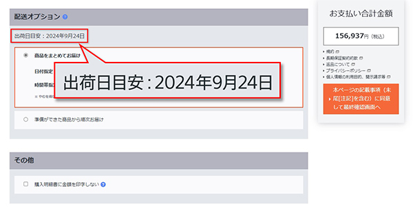 例3:ご注文手続き画面(配送オプション)