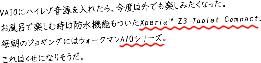 VAIOɃnC]ꂽAx͊Oły݂ȂBCŊyގ͖h@\Xperia™ Z3 Tablet CompactÃWMOɂ̓EH[N}A10V[YB͂ɂȂ肻B